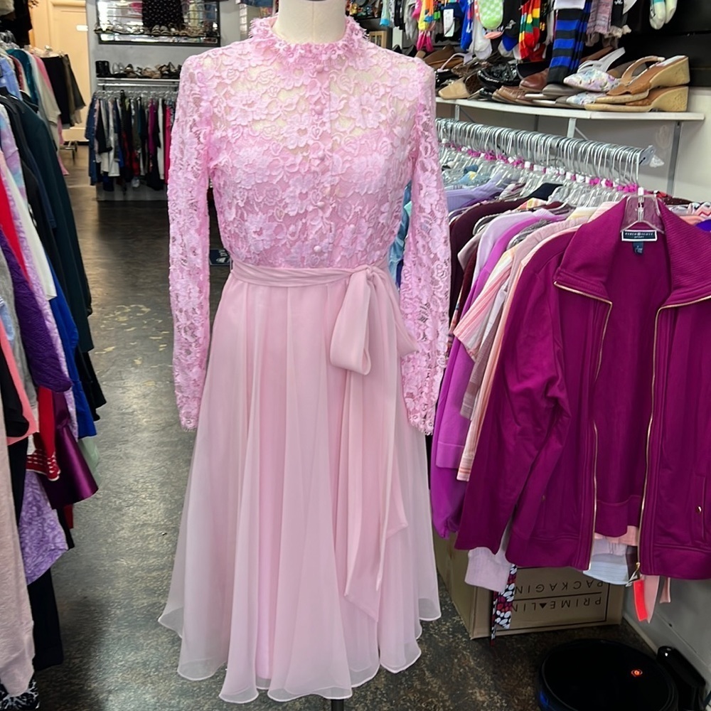 Vintage 1960s Miss Elliette Pink Lace Dress Size 6 Sheer Long Sleeve